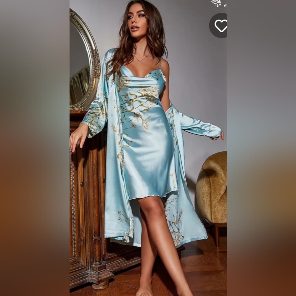 Satin robe & chemise teal